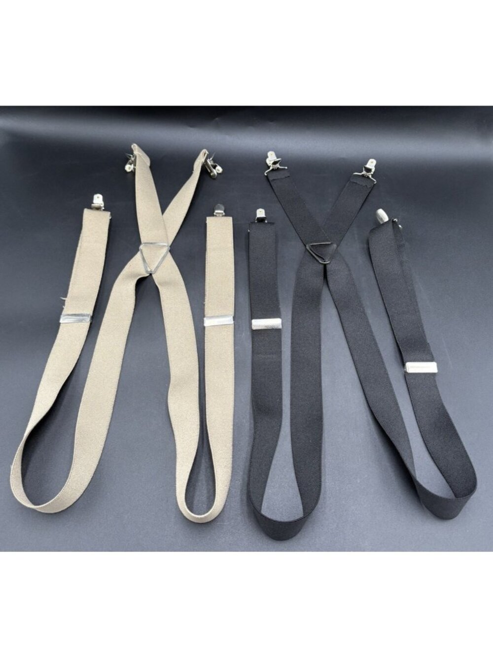 2  Suspenders Black Beige lip-On Adjustable Dress Casual One Size GUC